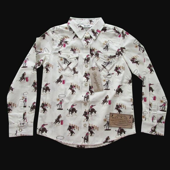 Wrangler Girl's Long Sleeve Rodeo Bucking Bronc Bull Western Print Snap Shirt Wh - Picture 1 of 2